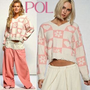 POL Sweater Ivory Pink Heart Checkered Cropped Oversized V Neck Knit Small NEW
